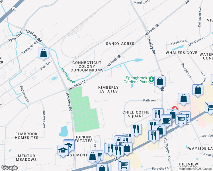 map of restaurants, bars, coffee shops, grocery stores, and more near 9143 Matthew Court in Mentor