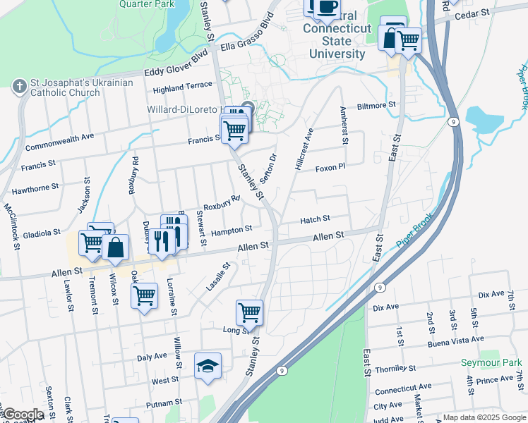 map of restaurants, bars, coffee shops, grocery stores, and more near 10 Roxbury Road in New Britain