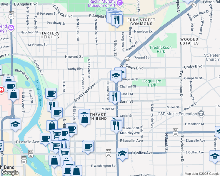 map of restaurants, bars, coffee shops, grocery stores, and more near 724 North Frances Street in South Bend