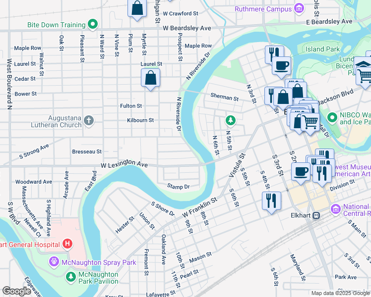 map of restaurants, bars, coffee shops, grocery stores, and more near 123 South Riverside Drive in Elkhart