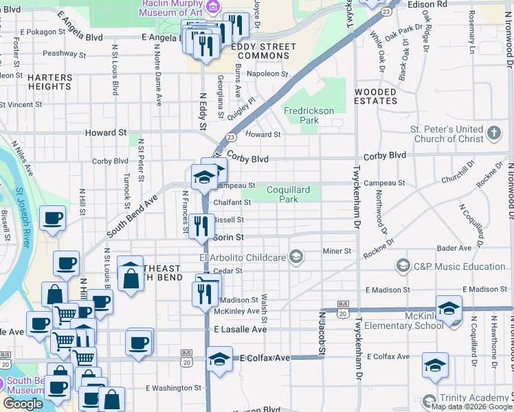 map of restaurants, bars, coffee shops, grocery stores, and more near 1226 Chalfant Street in South Bend