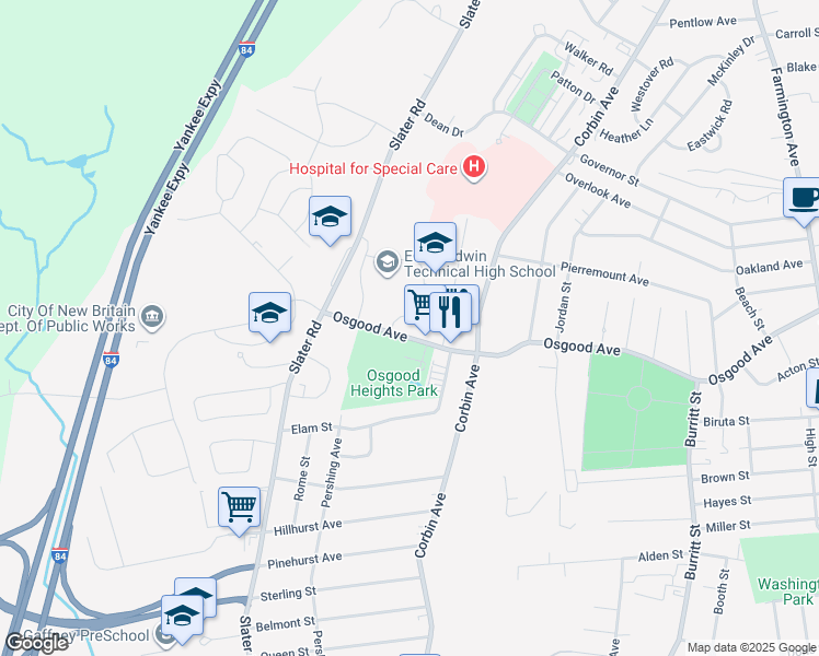 map of restaurants, bars, coffee shops, grocery stores, and more near 483 Osgood Avenue in New Britain