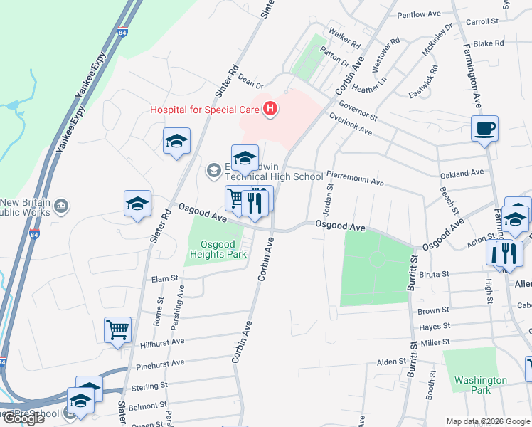 map of restaurants, bars, coffee shops, grocery stores, and more near 2018 Corbin Avenue in New Britain