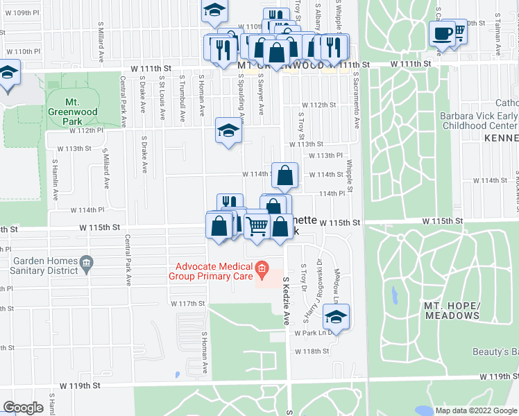 map of restaurants, bars, coffee shops, grocery stores, and more near 11456 South Sawyer Avenue in Chicago