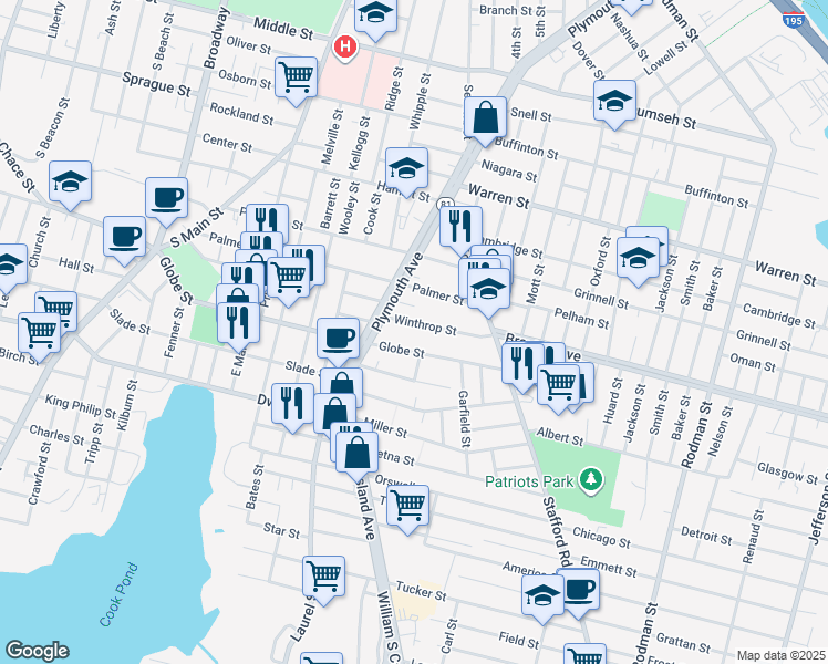 map of restaurants, bars, coffee shops, grocery stores, and more near 65 Winthrop Street in Fall River