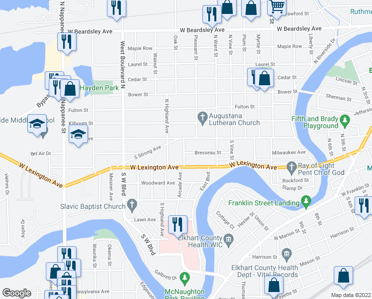 map of restaurants, bars, coffee shops, grocery stores, and more near 116 North Drive in Elkhart