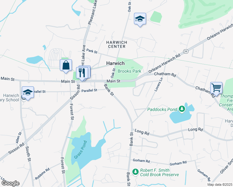 map of restaurants, bars, coffee shops, grocery stores, and more near 317 Bank Street in Harwich