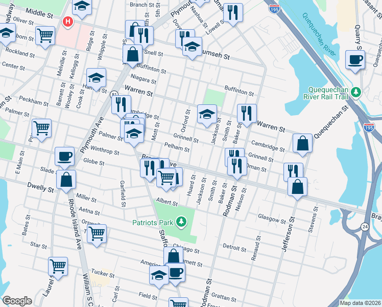 map of restaurants, bars, coffee shops, grocery stores, and more near 223 Lapham Street in Fall River