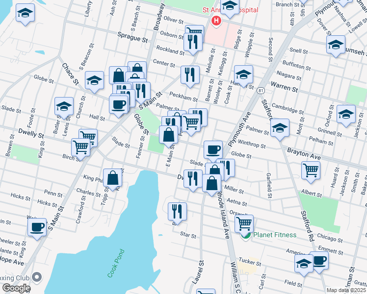 map of restaurants, bars, coffee shops, grocery stores, and more near 402 East Main Street in Fall River