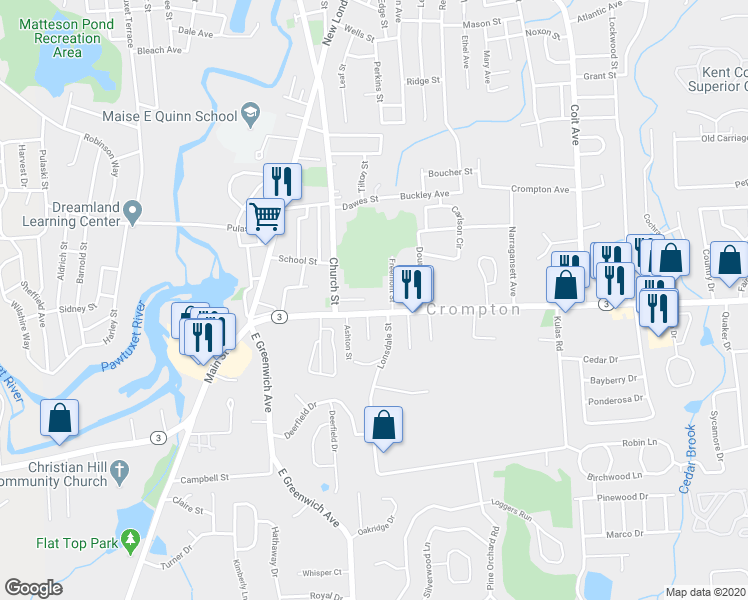 map of restaurants, bars, coffee shops, grocery stores, and more near 94 Cowesett Avenue in West Warwick
