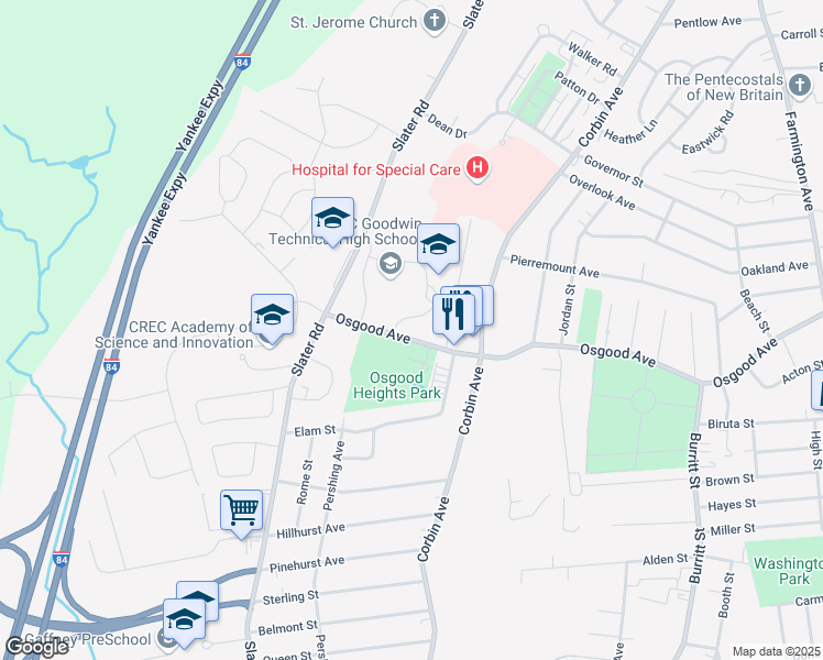 map of restaurants, bars, coffee shops, grocery stores, and more near 483 Osgood Ave in New Britain