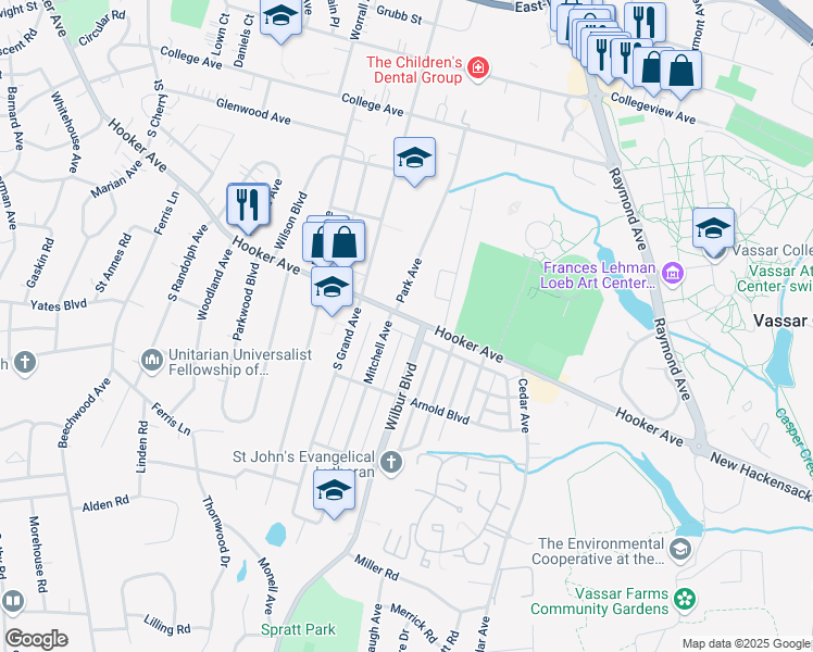 map of restaurants, bars, coffee shops, grocery stores, and more near 289 Hooker Avenue in Poughkeepsie