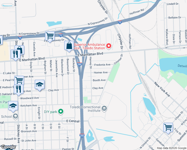 map of restaurants, bars, coffee shops, grocery stores, and more near 1802 Homer Avenue in Toledo