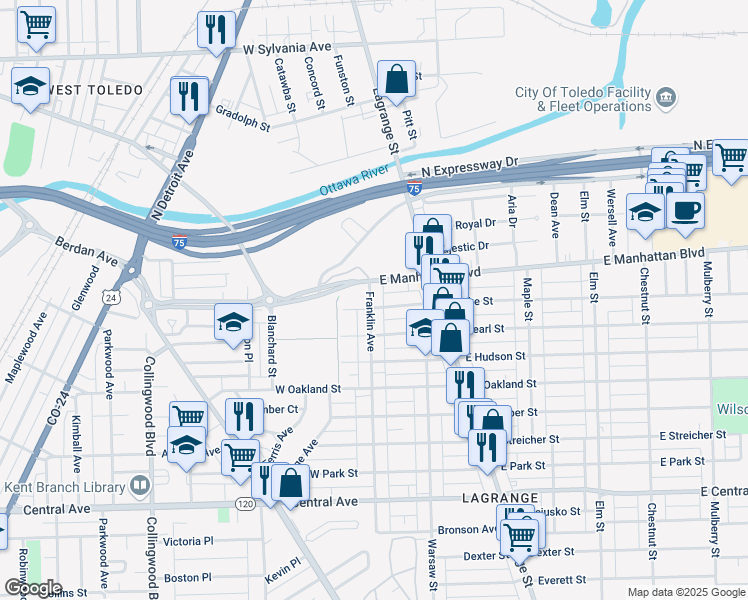 map of restaurants, bars, coffee shops, grocery stores, and more near 11 East Lake Street in Toledo