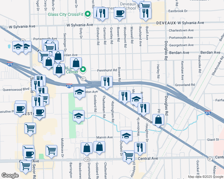 map of restaurants, bars, coffee shops, grocery stores, and more near 3555 Grantley Road in Toledo