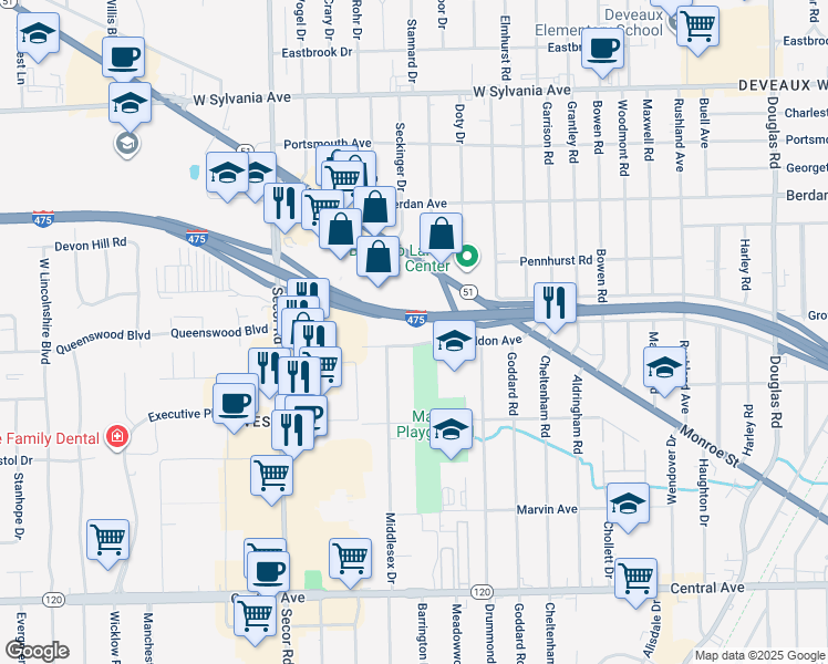 map of restaurants, bars, coffee shops, grocery stores, and more near 3028 Carskaddon Avenue in Toledo