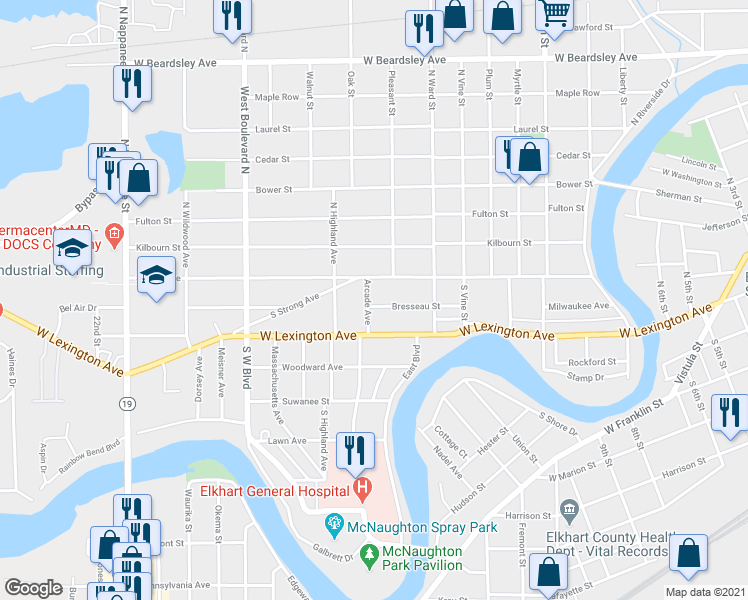 map of restaurants, bars, coffee shops, grocery stores, and more near 105 North Drive in Elkhart