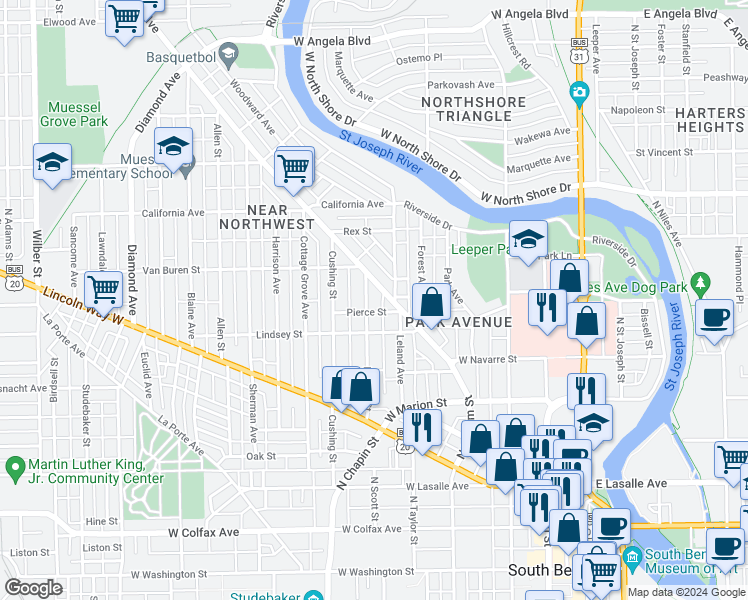 map of restaurants, bars, coffee shops, grocery stores, and more near 727 Portage Avenue in South Bend