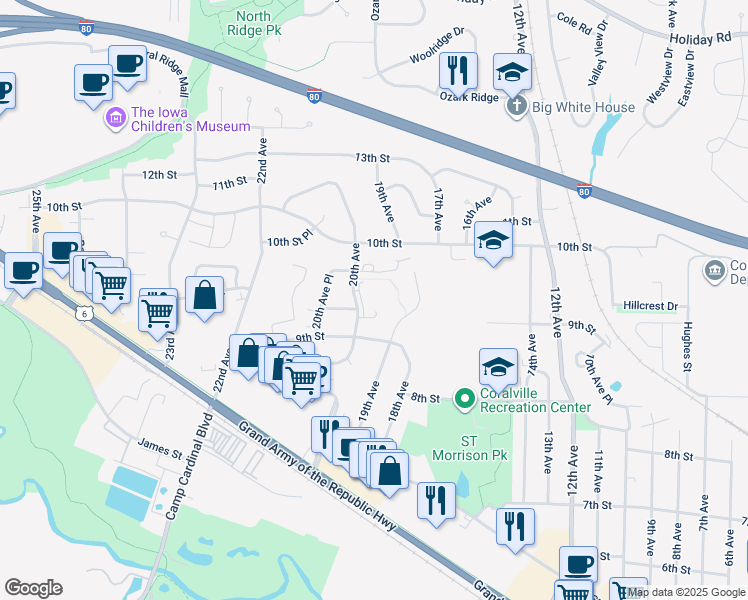 map of restaurants, bars, coffee shops, grocery stores, and more near 915 20th Avenue in Coralville