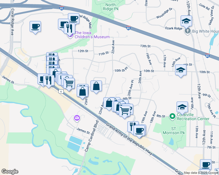 map of restaurants, bars, coffee shops, grocery stores, and more near in Coralville