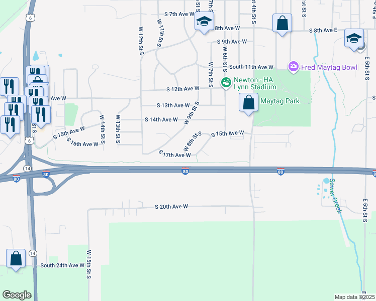 map of restaurants, bars, coffee shops, grocery stores, and more near 1615 West 7th Street South in Newton