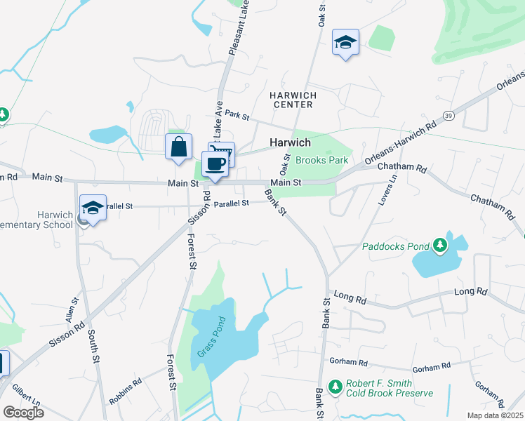 map of restaurants, bars, coffee shops, grocery stores, and more near 328 Bank Street in Harwich