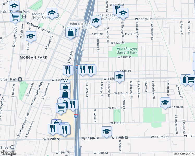 map of restaurants, bars, coffee shops, grocery stores, and more near 1442 West 115th Street in Chicago