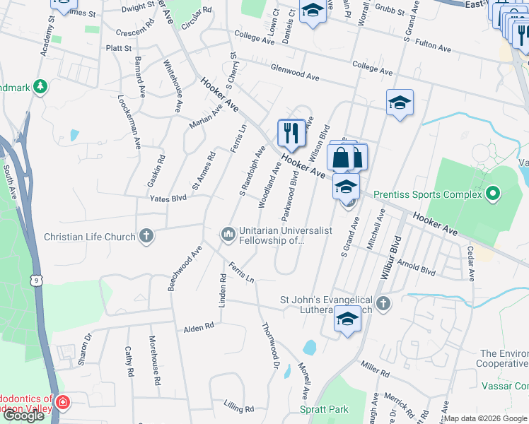 map of restaurants, bars, coffee shops, grocery stores, and more near 35 Woodland Avenue in Poughkeepsie