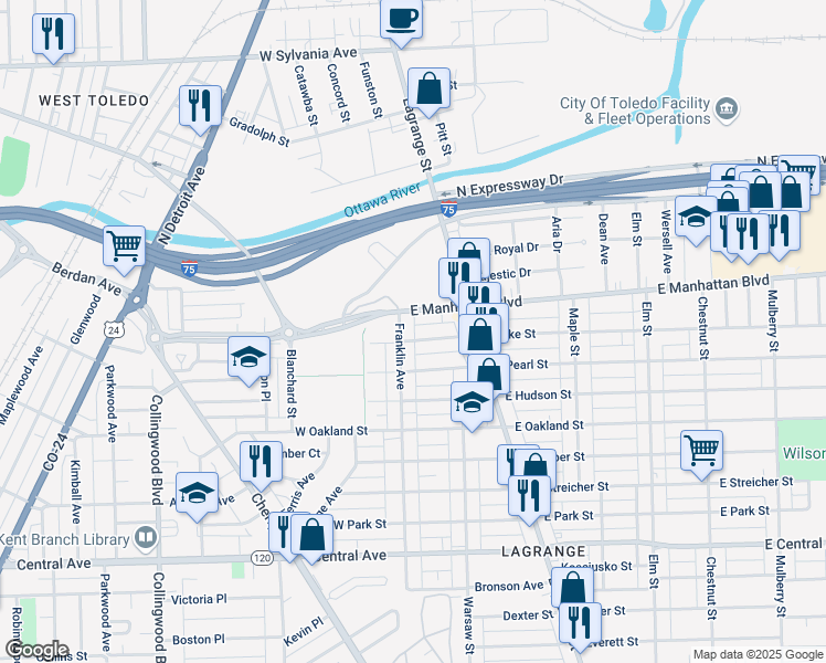 map of restaurants, bars, coffee shops, grocery stores, and more near 11 East Lake Street in Toledo