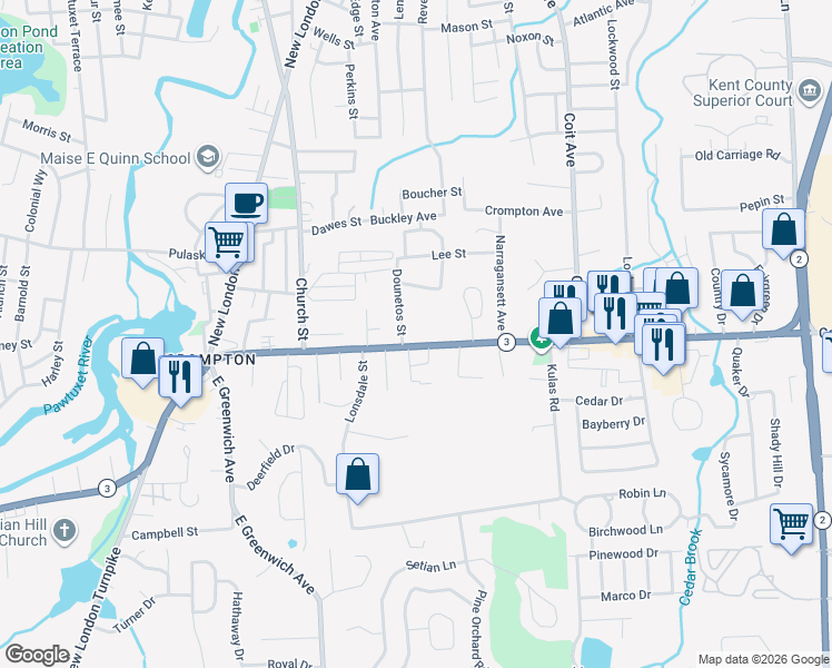 map of restaurants, bars, coffee shops, grocery stores, and more near 128 Cowesett Avenue in West Warwick