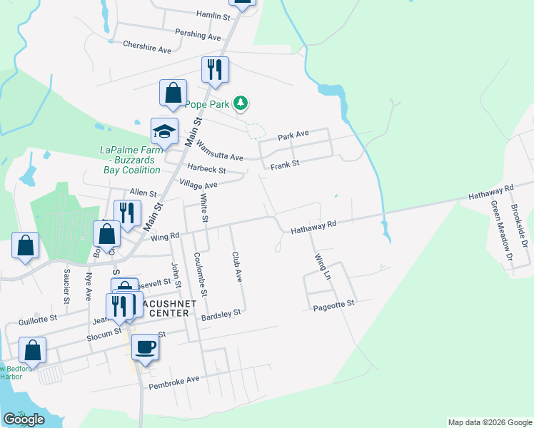 map of restaurants, bars, coffee shops, grocery stores, and more near 87 Wing Road in Acushnet