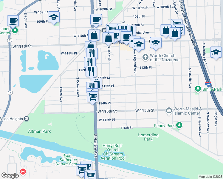 map of restaurants, bars, coffee shops, grocery stores, and more near 11347 South Depot Street in Worth