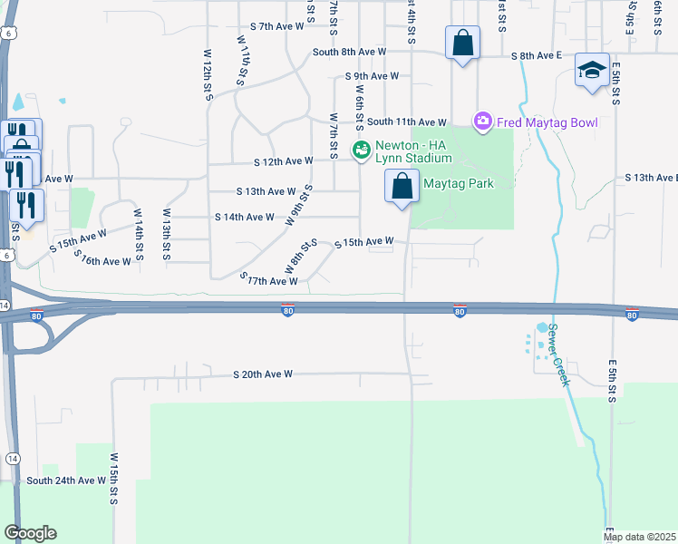 map of restaurants, bars, coffee shops, grocery stores, and more near 1600 West 7th Street South in Newton