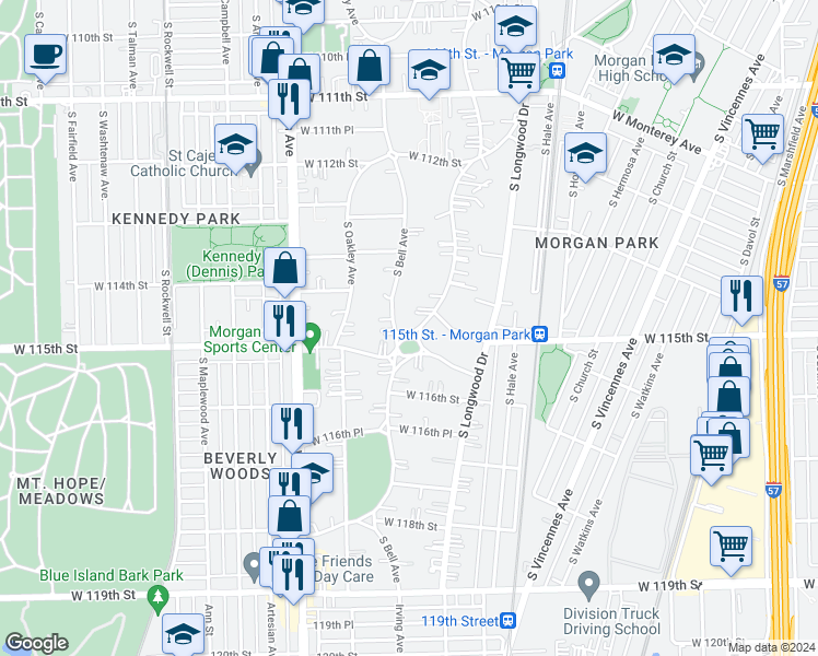 map of restaurants, bars, coffee shops, grocery stores, and more near 11464 South Lothair Avenue in Chicago