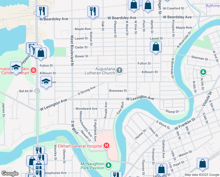 map of restaurants, bars, coffee shops, grocery stores, and more near 116 Arcade Avenue in Elkhart