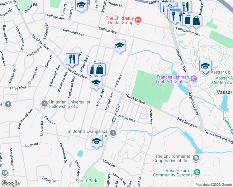 map of restaurants, bars, coffee shops, grocery stores, and more near 289 Hooker Avenue in Poughkeepsie