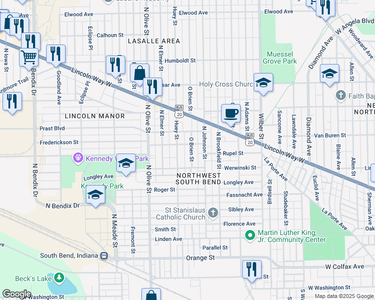 map of restaurants, bars, coffee shops, grocery stores, and more near 727 O Brien Street in South Bend