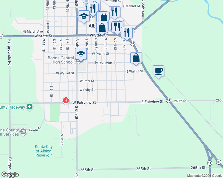 map of restaurants, bars, coffee shops, grocery stores, and more near 251 West Ruby Street in Albion