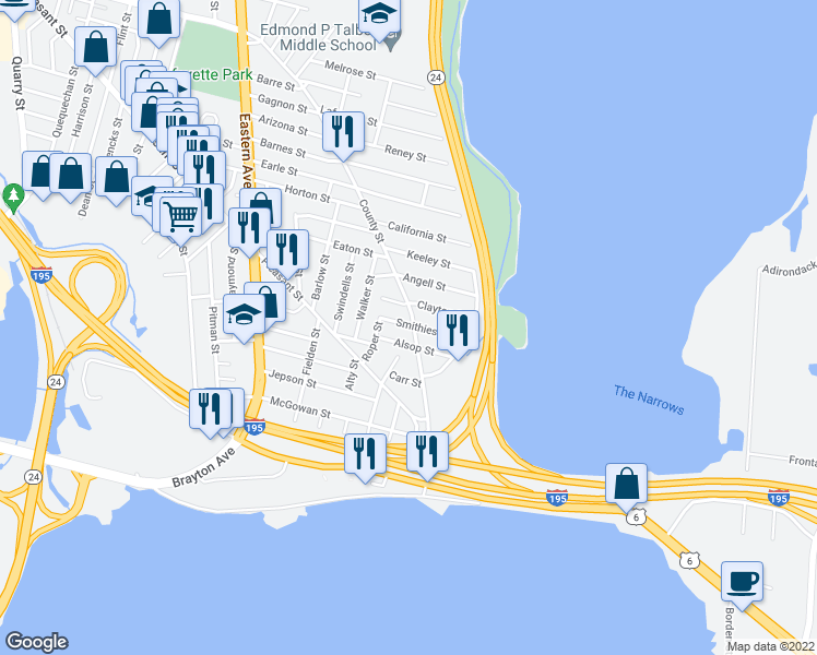map of restaurants, bars, coffee shops, grocery stores, and more near 1299 County Street in Fall River