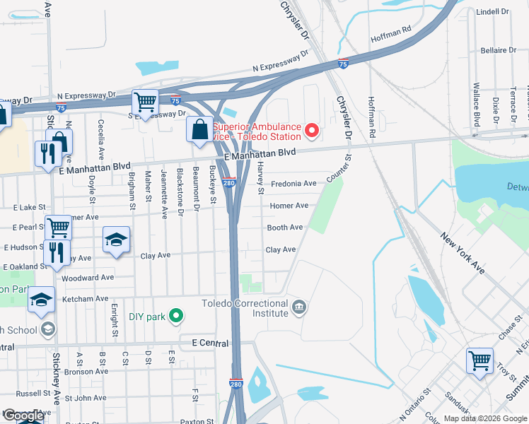 map of restaurants, bars, coffee shops, grocery stores, and more near 1802 Homer Ave in Toledo