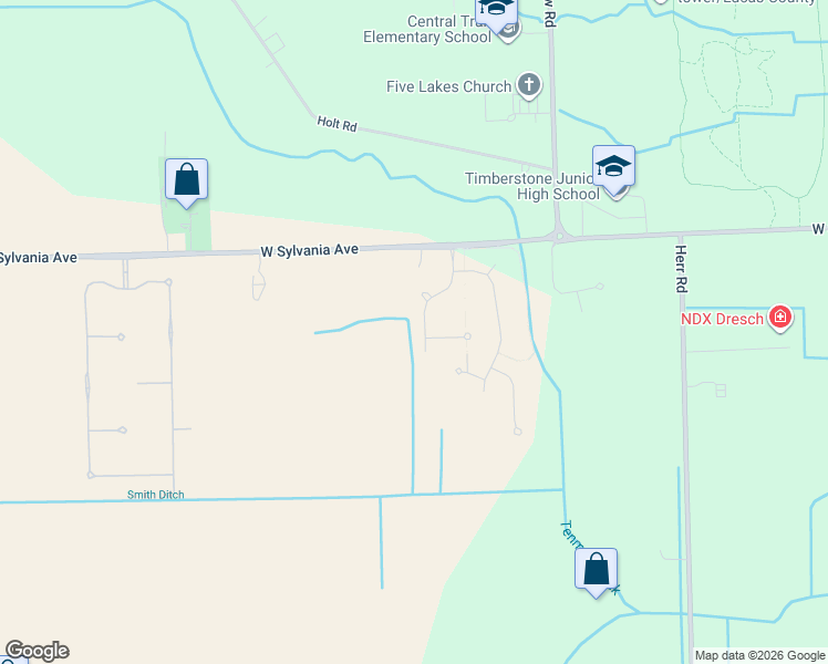map of restaurants, bars, coffee shops, grocery stores, and more near 3841 Bridge Creek Blvd in Sylvania