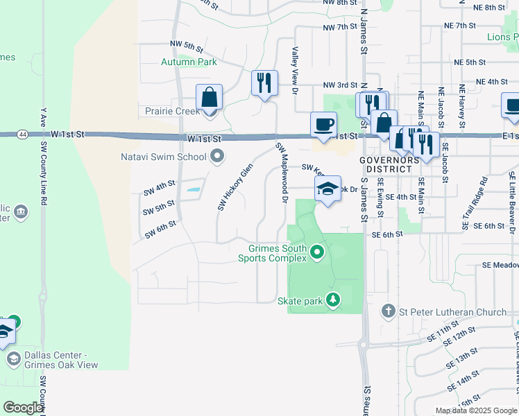 map of restaurants, bars, coffee shops, grocery stores, and more near 416 SW Kennybrook Dr in Grimes