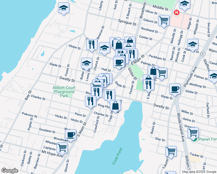 map of restaurants, bars, coffee shops, grocery stores, and more near 760 Slade Street in Fall River