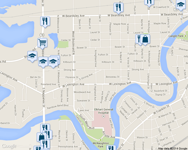 map of restaurants, bars, coffee shops, grocery stores, and more near 119 S Highland Ave in Elkhart
