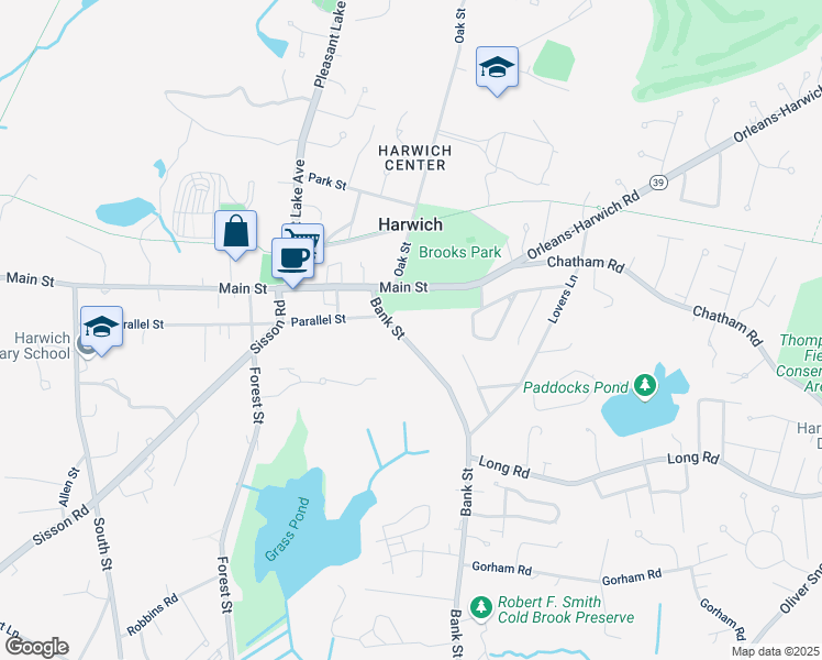 map of restaurants, bars, coffee shops, grocery stores, and more near 317 Bank Street in Harwich