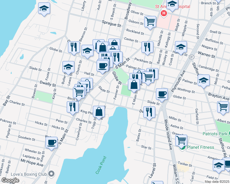 map of restaurants, bars, coffee shops, grocery stores, and more near 878 Slade St in Fall River