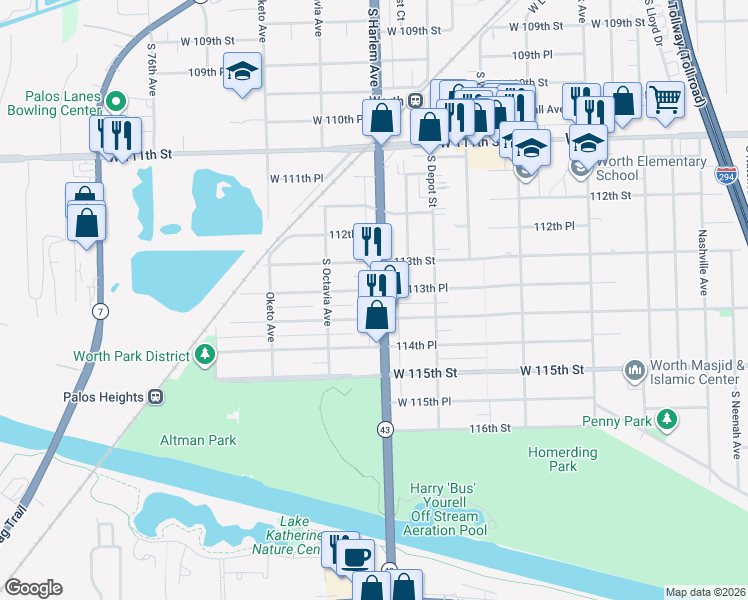 map of restaurants, bars, coffee shops, grocery stores, and more near 7215 West 113th Place in Worth