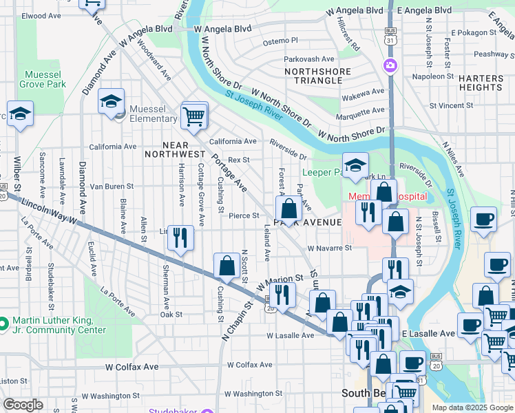 map of restaurants, bars, coffee shops, grocery stores, and more near 727 Portage Avenue in South Bend