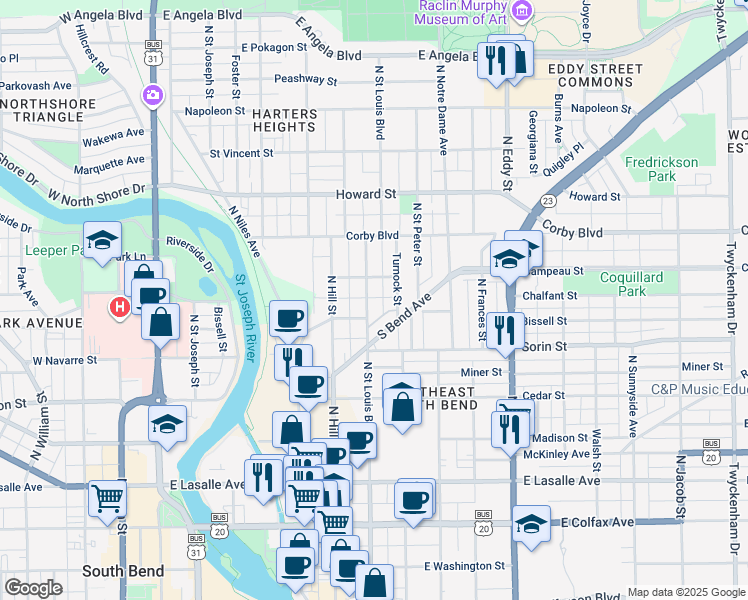 map of restaurants, bars, coffee shops, grocery stores, and more near 712 North Saint Louis Boulevard in South Bend