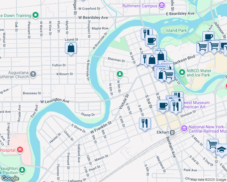 map of restaurants, bars, coffee shops, grocery stores, and more near 122 North 6th Street in Elkhart